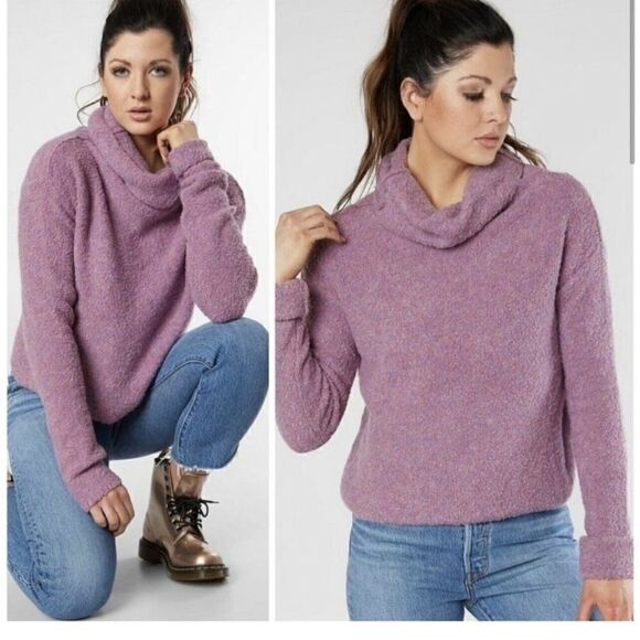 Free People Stormy Pullover Sweater Pink Purple S Cowl Neck Boucle Teddy Crop - Picture 3 of 16